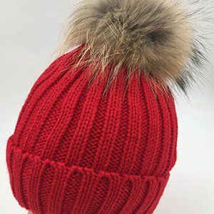 Knit Beanie Hat with Real Fox Fur Pom